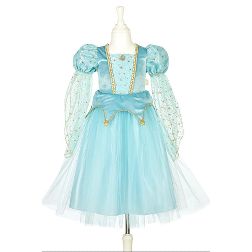 A light blue princess costume displayed on a white mannequin dress form against a plain white background. The costume features a light blue bodice with gold trim, puffy sleeves with sheer overlays, and a layered tulle skirt.
