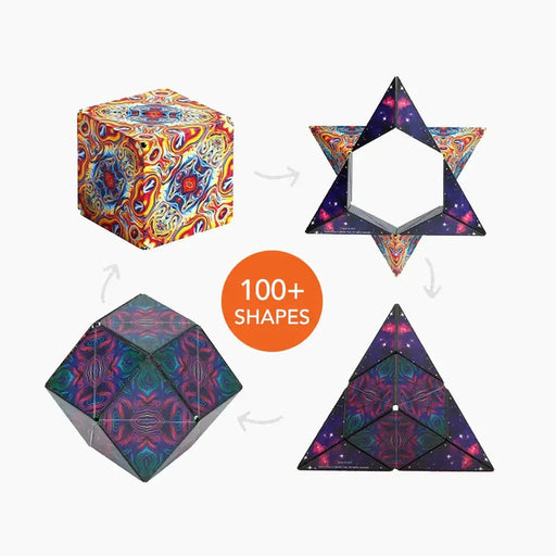 Shashibo magnetic folding cube showing multiple transformation shapes including star and pyramid configurations