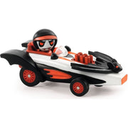 DJECO Speed Bat toy car with black bat-wing design and driver figure