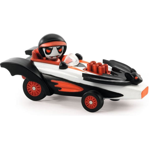DJECO Speed Bat toy car with black bat-wing design and driver figure