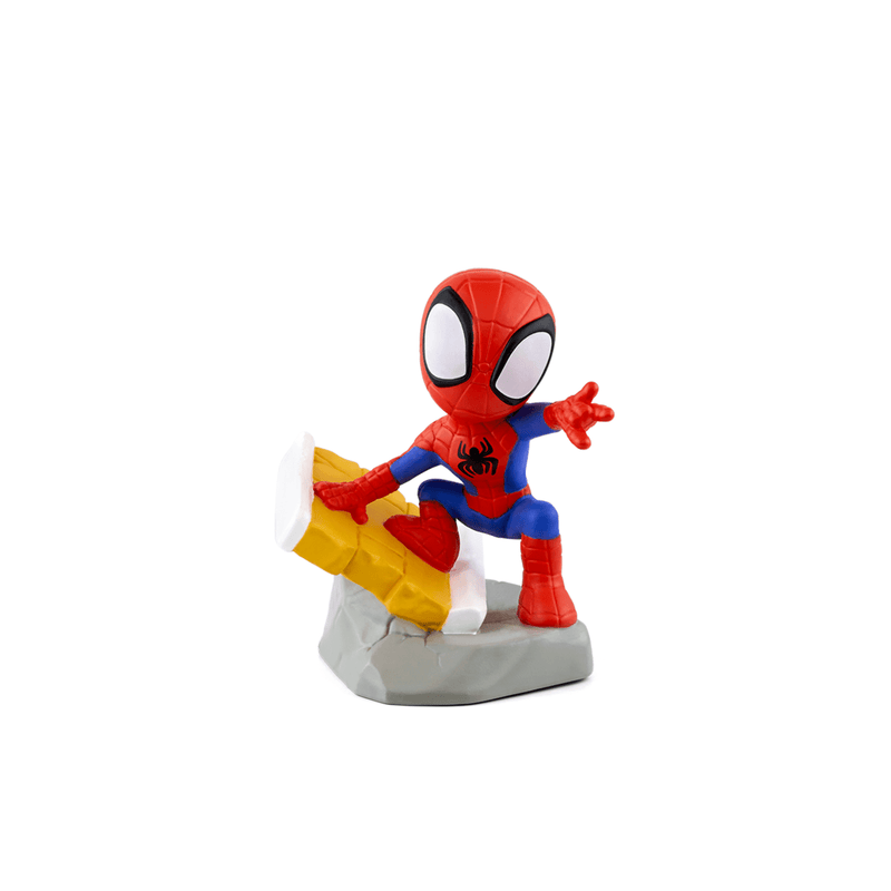 Spider-Man Tonie figure in red and blue costume on gray base with yellow web accessory