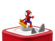 Tonie Spidey figure on red Toniebox with shark fin obstacles