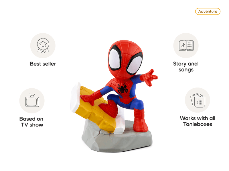 Spider-Man Tonie figure on base with feature callouts highlighting best seller status