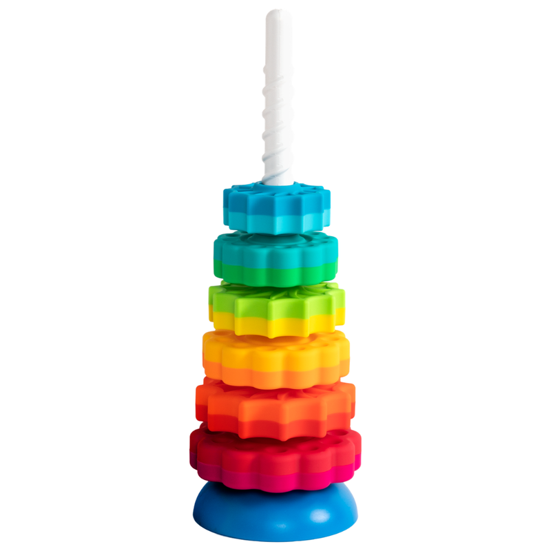 SpinAgain is a colorful stacking toy with hexagonal rings on a white background.