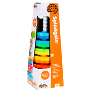 Packaging of SpinAgain stacking toy with colorful rings on a white background.