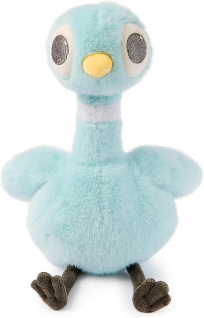GUND Mo Willems Pigeon plush with pale blue body, yellow beak and dark floppy legs, seated facing forward.