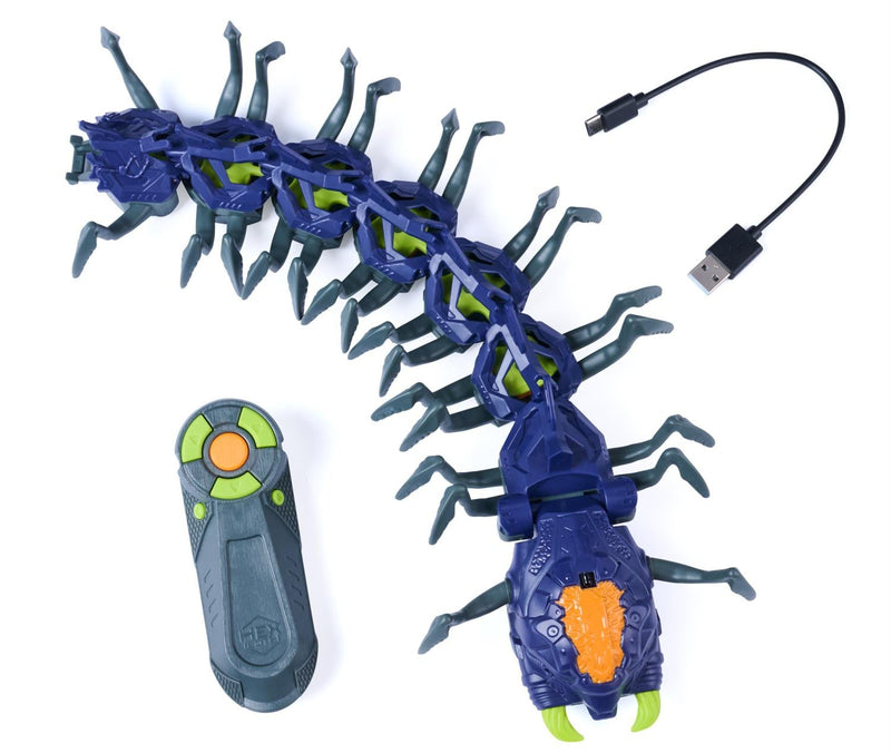 HEX Bots Exploding Centipede RC toy with remote control and USB-C charging cable on a white background
