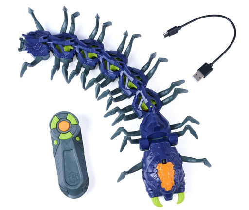 HEX Bots Exploding Centipede RC toy with remote control and USB-C charging cable on a white background