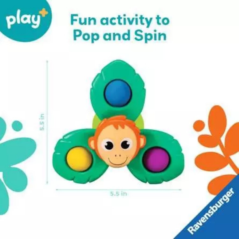 Toy with monkey face and colorful poppers on a white background, featuring Ravensburger branding.
