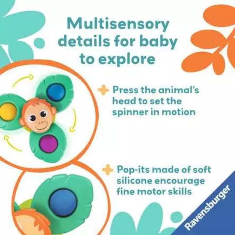 Toy with monkey face and spinner, labeled 'Multisensory details for baby to explore', with Ravensburger branding.