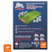 Sports Dice football game back of the box with dice and field diagram on a blue background.
