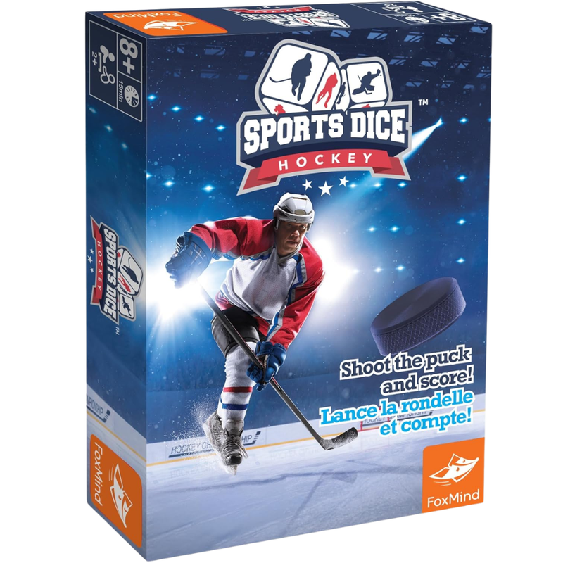 Box of Sports Dice Hockey game with hockey player and puck on a blue background