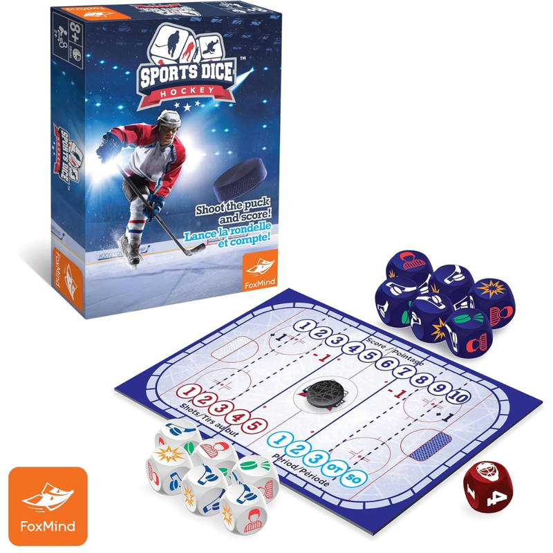 Hockey-themed dice game set with dice, board, and packaging on a white background