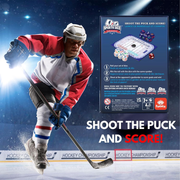 Hockey player in action with a game box on an ice rink background