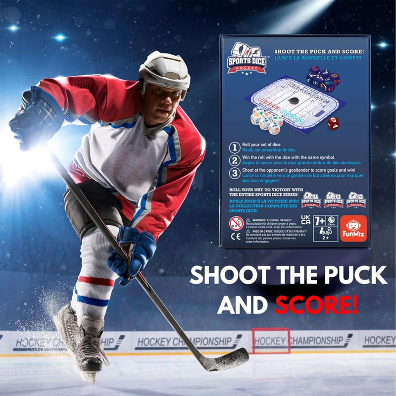 Hockey player in action with a game box on an ice rink background