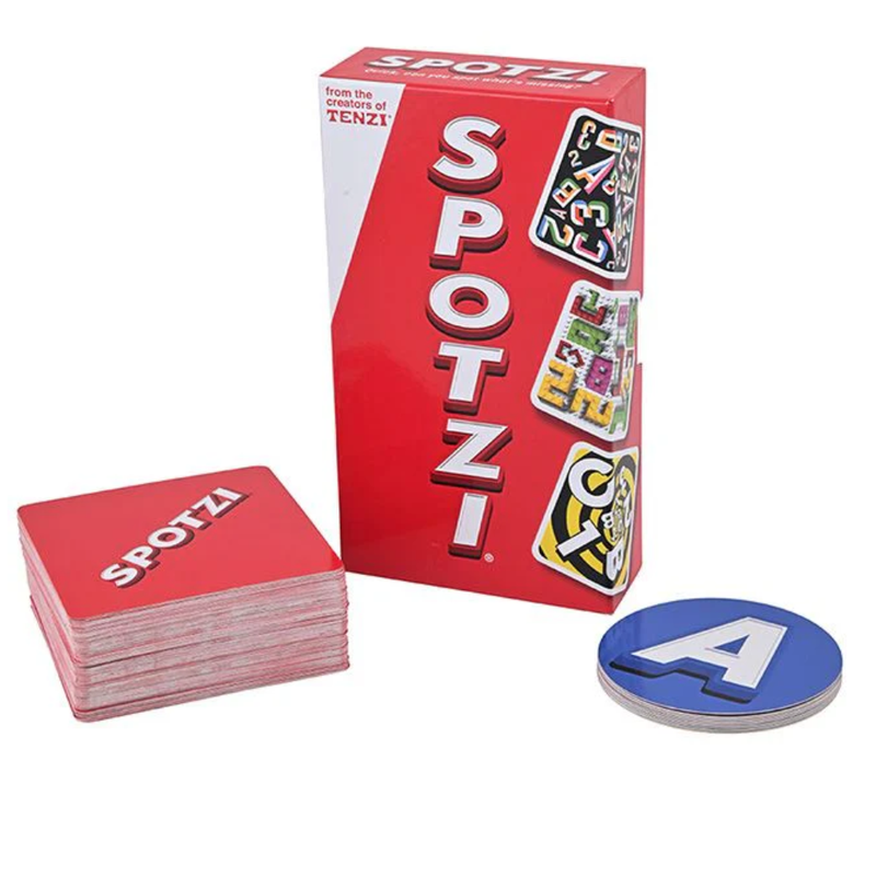 Spotzi card game packaging and cards on a white background.
