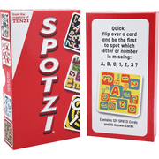 SPOTZI card game packaging (front & back of box) with red and white design, featuring cards and text.