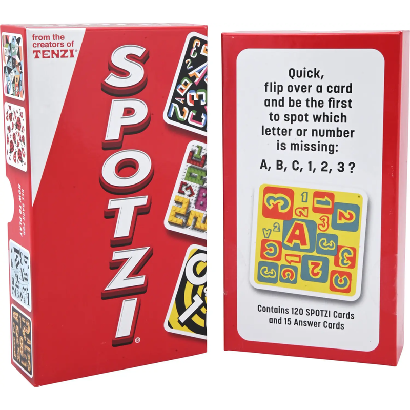 SPOTZI card game packaging (front & back of box) with red and white design, featuring cards and text.