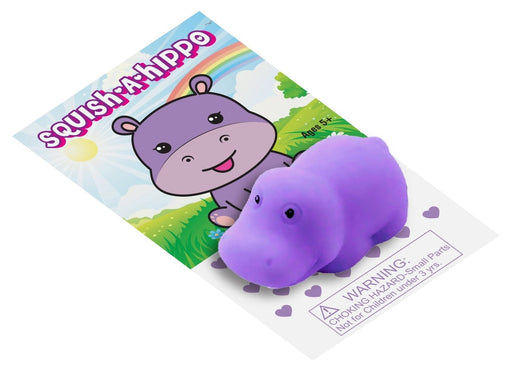 Purple hippo squishy toy with colorful packaging showing cartoon hippo design