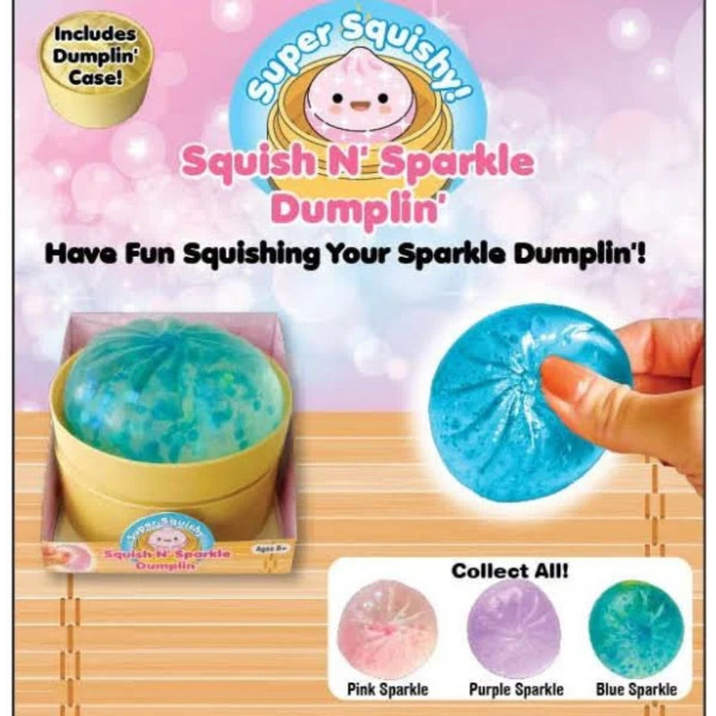 Super Squishy Squish N' Sparkle Dumplin packaging with dumplin' and multi-colored sparkly dumplins' on a pink background.