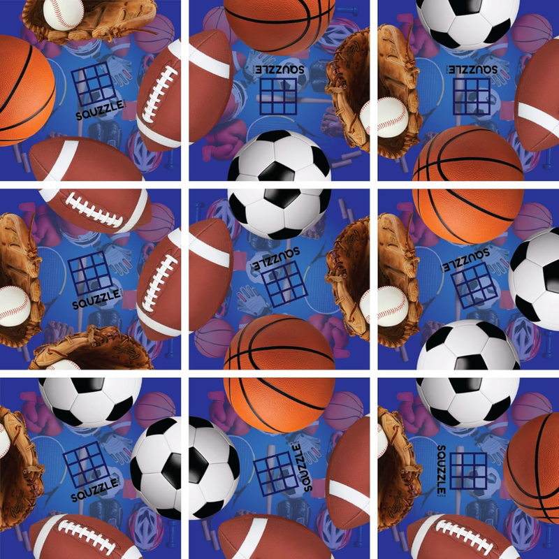Pattern of sports balls and equipment on a blue background with 'Squzzle' branding.