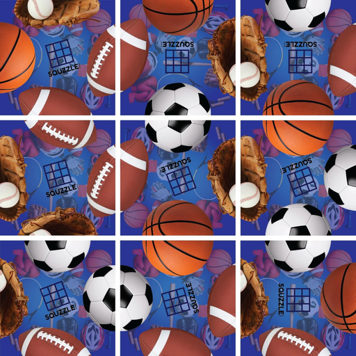 Pattern of sports balls and equipment on a blue background with 'Squzzle' branding.