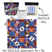 Squzzle packaging with sports-themed design and dimensions on a white background.