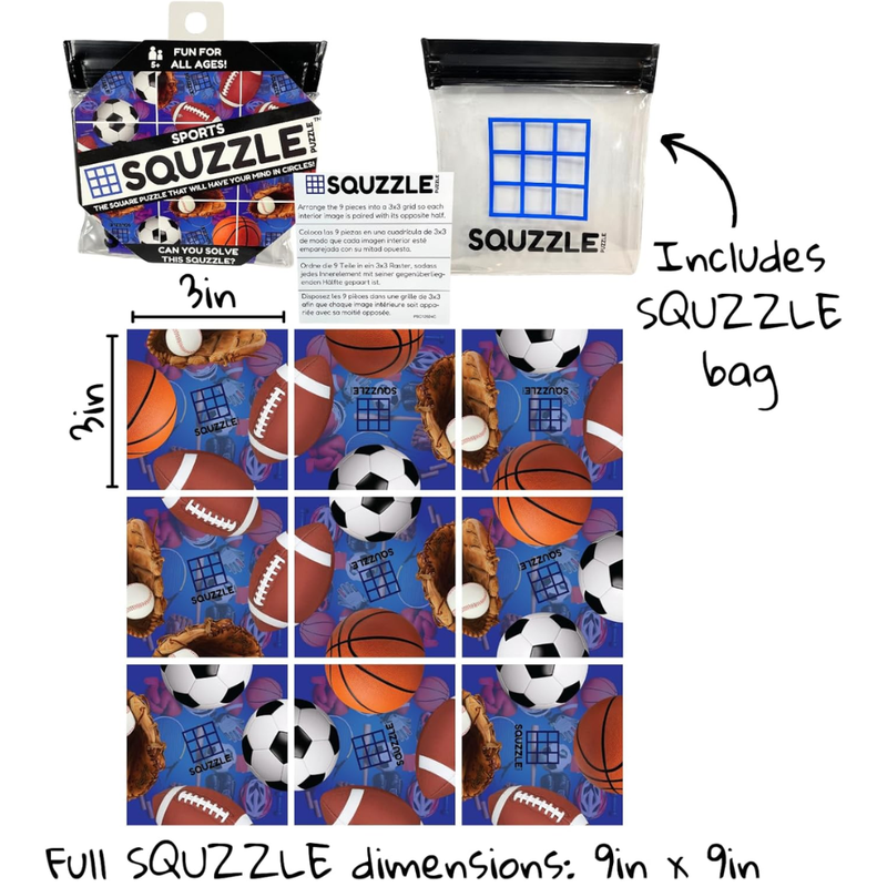 Squzzle packaging with sports-themed design and dimensions on a white background.