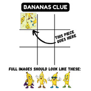 A digital graphic template for a banana-themed puzzle or game, titled 'BANANAS CLUE'. It features a black grid with an arrow pointing to a small placeholder image in the top-left, accompanied by the text 'THIS PIECE GOES HERE'.
