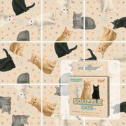 Squzzle Cats is a 9-pc puzzle game where all pieces need to match pictures in order to win.  Picture shows black, white, gray and tabby cats.