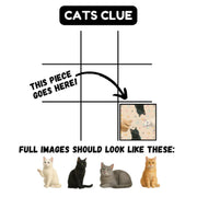 Squzzle Cats is a 9-pc puzzle game where all pieces need to match pictures in order to win.  Picture shows a clue in solving the puzzle on a white background.