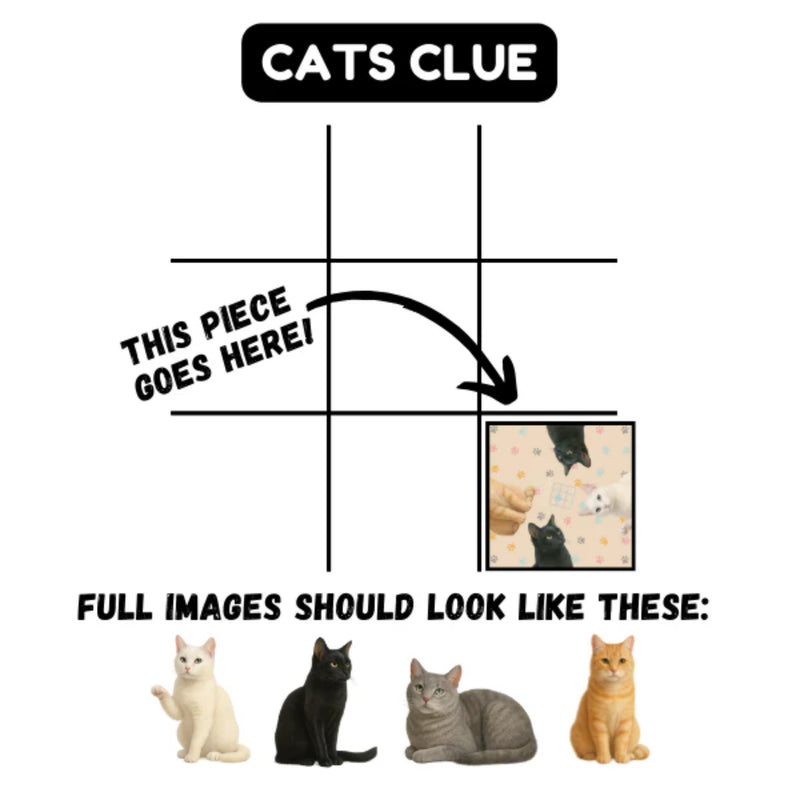 Squzzle Cats is a 9-pc puzzle game where all pieces need to match pictures in order to win.  Picture shows a clue in solving the puzzle on a white background.