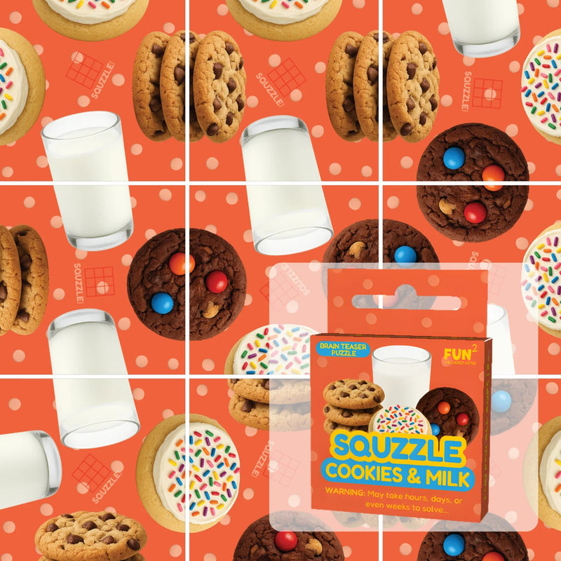 Squzzle Cookies and Milk puzzle tile game showing nine scrambled cookie-themed panels.