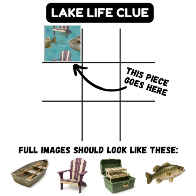 A product listing graphic for a 'Lake Life Clue' puzzle. The graphic features a black-and-white grid with a black arrow pointing to a small inset image of a blue lake scene with a boat and chairs, accompanied by the text 'LAKE LIFE CLUE' and 'THIS PIECE GOES HERE'.