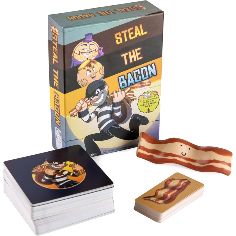 Card game packaging for 'Steal the Bacon' with cards and a bacon-themed cards and a bacon item.