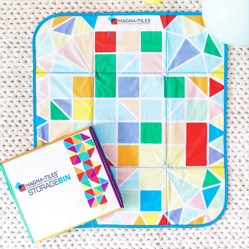 Magna-Tiles Storage Bin and Interactive Play-Mat with colorful geometric pattern and folding design