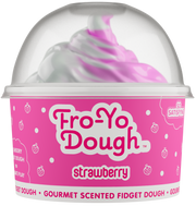 Fro-Yo Dough strawberry scented fidget dough in clear container with pink swirled contents