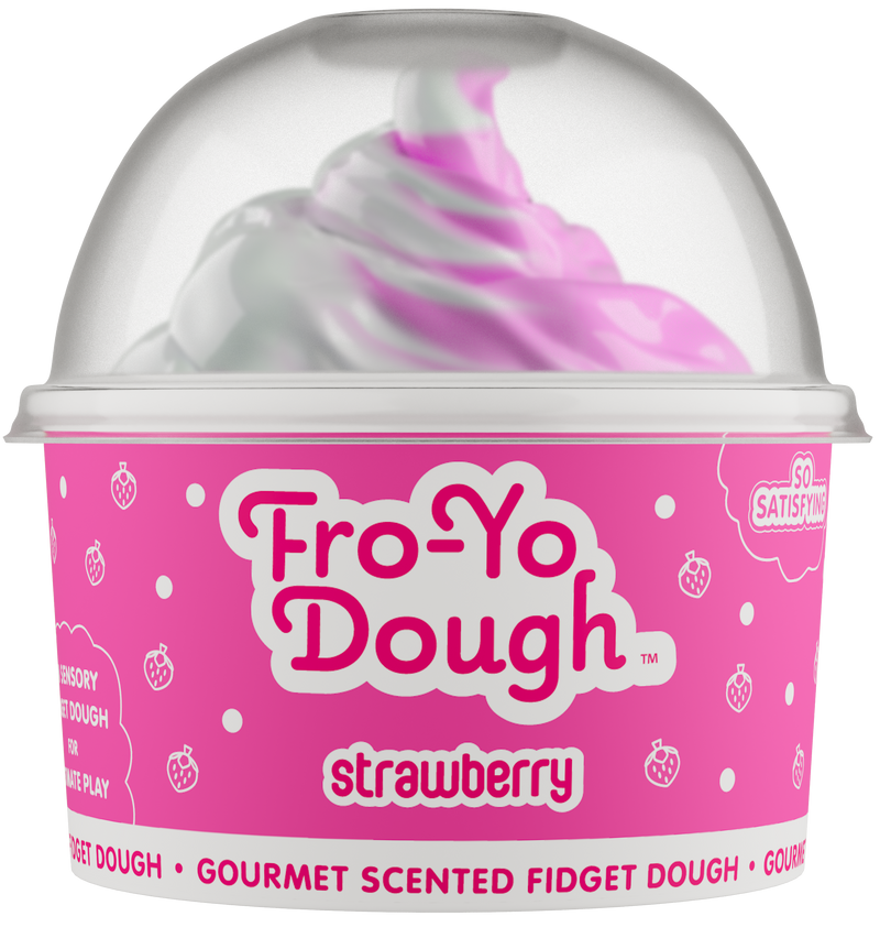 Fro-Yo Dough strawberry scented fidget dough in clear container with pink swirled contents