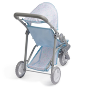 Doll stroller with blue canopy and seat on a white background.