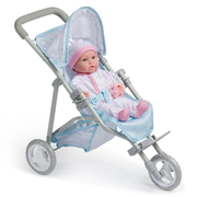 Doll in a blue stroller with a baby toy on a white background