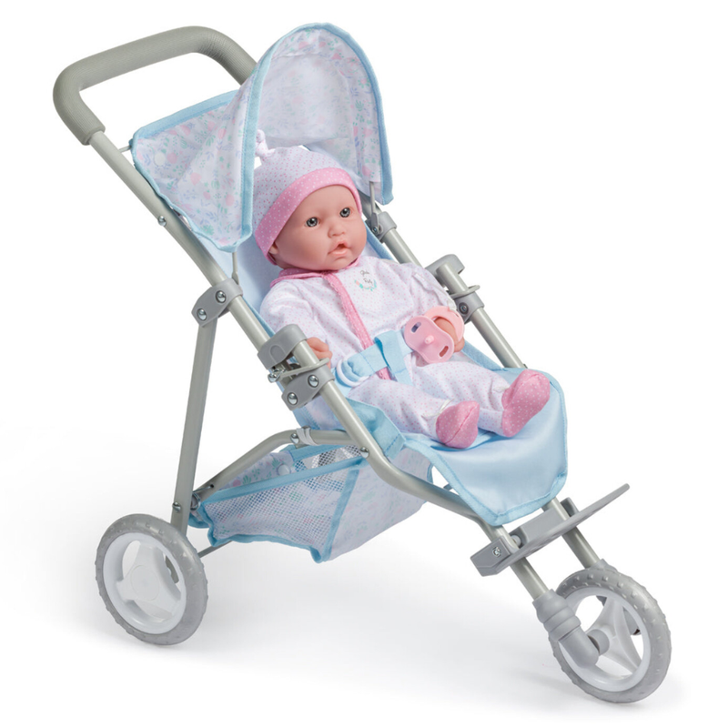 Doll in a blue stroller with a baby toy on a white background