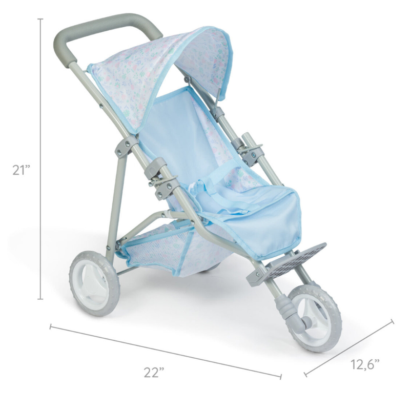 Children's stroller with blue canopy and dimensions on a white background