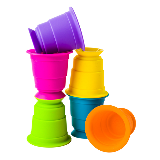 Fat Brain Toys Suction Kupz sensory stacking cups in bright rainbow colors.