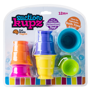 Packaging for Fat Brain Toys Suction Kupz sensory stacking cups in bright rainbow colors.
