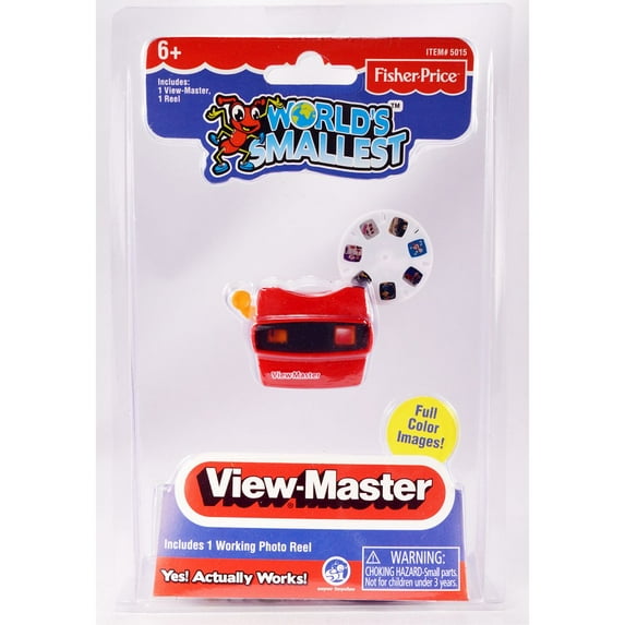 World's Smallest View-Master toy in red plastic packaging showing miniature viewfinder with photo reels