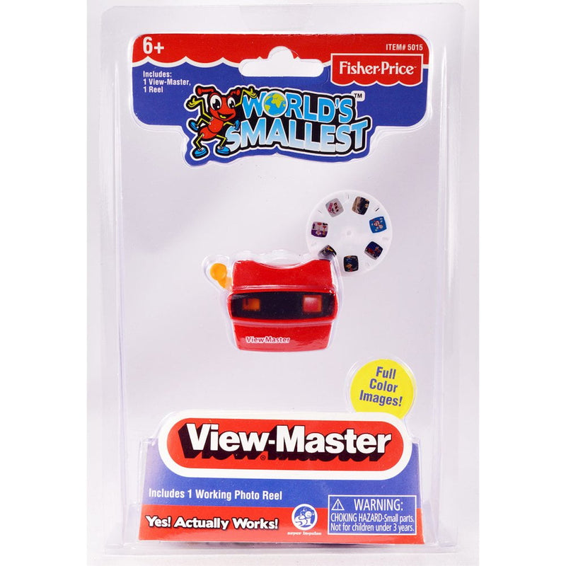 Fisher-Price World's Smallest View-Master toy in red with photo reel on white background