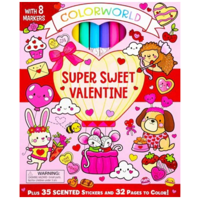 Colorworld Super Sweet Valentine coloring book with markers and scented stickers on a red background.