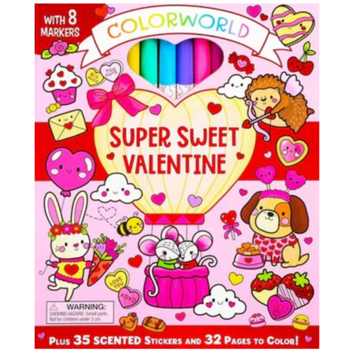 Colorworld Super Sweet Valentine coloring book with markers and scented stickers on a red background.