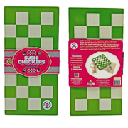 Front and Back of Sushi Checkers game.  Green and white checkers boards with pink labels on a white background.