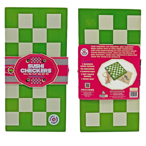 Front and Back of Sushi Checkers game.  Green and white checkers boards with pink labels on a white background.